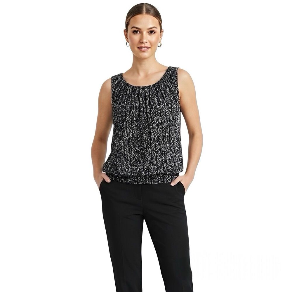 Loft Black & White Chevron Print Sleeveless Pleated Blouse Workwear Sz Medium